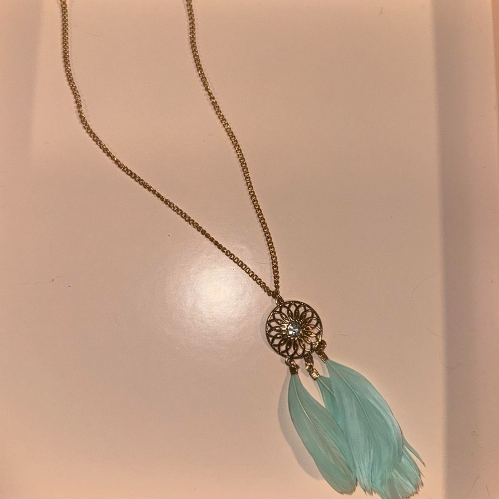 Elegant Gold Dreamcatcher Necklace with Blue Feathers